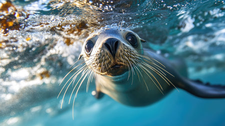 A curious sea lion swimming near the coast, its whiskers and sleek body visible through clear water.の素材