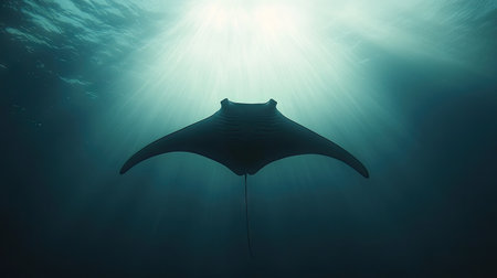 A graceful manta ray soaring through the water, with its wide wingspan creating an elegant silhouette against the ocean floor.の素材
