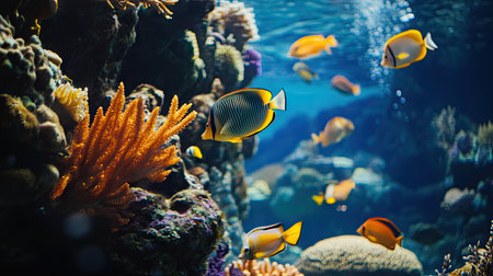 A group of sea fish swimming together near a colorful coral garden, creating a dynamic and engaging underwater sceneの素材