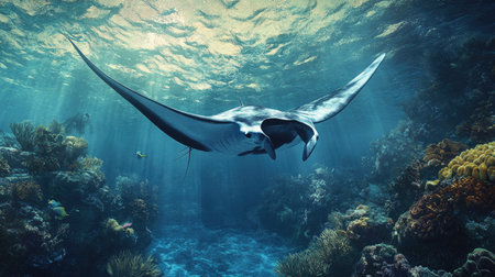 A dramatic underwater view of a manta ray swimming over a coral reef, its broad wings creating an impressive and graceful image.の素材