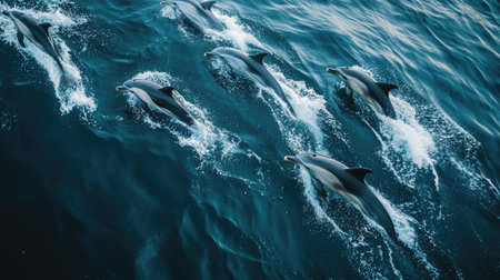 A dynamic image of a dolphin pod swimming in unison, with their sleek bodies and playful behavior captured in the open sea.の素材