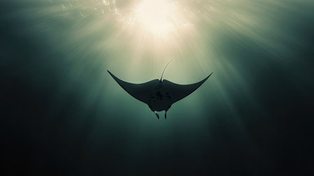 A graceful manta ray soaring through the water, with its wide wingspan creating an elegant silhouette against the ocean floor.の素材