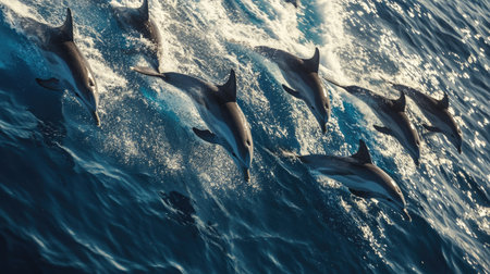 A dynamic image of a dolphin pod swimming in unison, with their sleek bodies and playful behavior captured in the open sea.の素材