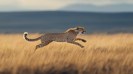 A graceful cheetah sprinting across the open plains, showcasing its incredible speed and agility in the wild landscape.の素材