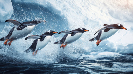 A group of penguins diving into the icy waters of Antarctica, splashing as they go.の素材