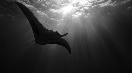 A graceful manta ray soaring through the water, with its wide wingspan creating an elegant silhouette against the ocean floor.の素材