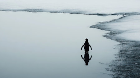 A lone penguin waddling across an icy shore, making its way toward the ocean.の素材