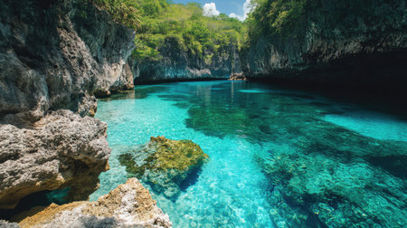 A hidden lagoon nestled between limestone cliffs, with crystal-clear waters below.の素材