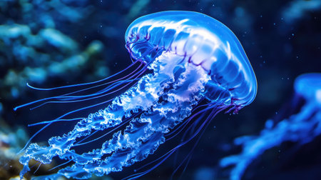 A jellyfish glowing underwater, its tentacles gently trailing behind in deep blue waters.の素材