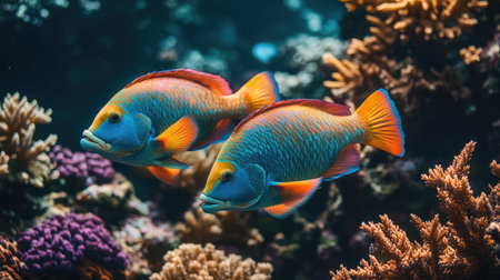 A pair of vibrant parrotfish nibbling on coral, showcasing their bright colors and the intricate details of the reef.の素材