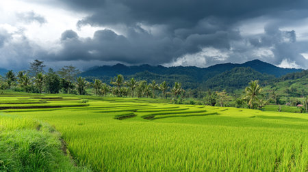A lush rice paddy field under a cloudy sky, ready for the harvest season.の素材