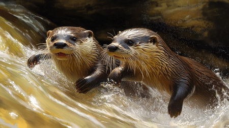 A pair of playful otters sliding down a riverbank, their sleek fur and joyful antics captured in the natural flow of the river.の素材