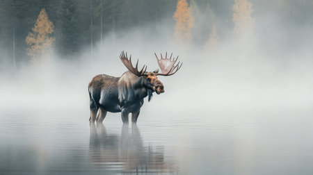A majestic moose standing in a misty lake, its impressive antlers and large frame reflecting in the calm water of the early morning.の素材