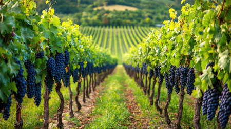 A lush vineyard in the countryside, with rows of grapevines producing a bountiful harvest.の素材