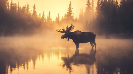 A majestic moose standing in a misty lake, its impressive antlers and large frame reflecting in the calm water of the early morning.の素材