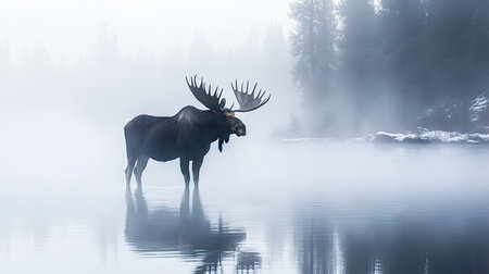 A majestic moose standing in a misty lake, its impressive antlers and large frame reflecting in the calm water of the early morning.の素材