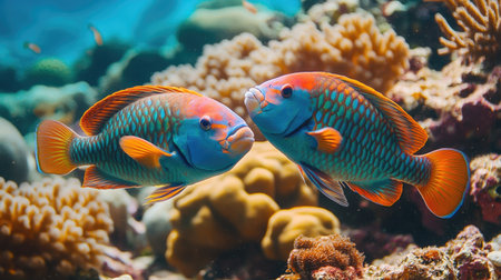 A pair of vibrant parrotfish nibbling on coral, showcasing their bright colors and the intricate details of the reef.の素材