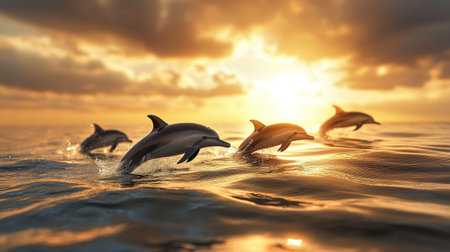 A pod of dolphins swimming through calm ocean waters, illuminated by the golden sunset.の素材
