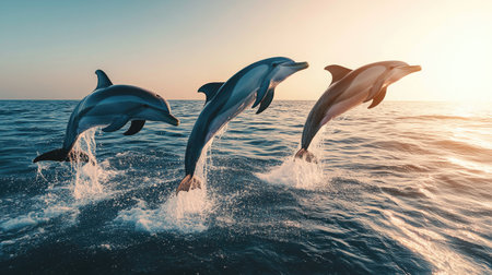 A playful group of dolphins leaping out of the water, their sleek bodies and joyful behavior captured against a backdrop of the open sea.の素材