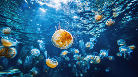 A mesmerizing underwater shot of a school of jellyfish pulsating and drifting through the ocean, creating a hypnotic sceneの素材