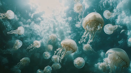 A mesmerizing underwater shot of a school of jellyfish pulsating and drifting through the ocean, creating a hypnotic sceneの素材