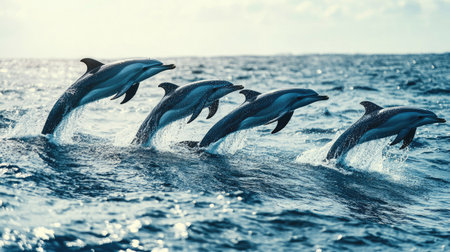 A playful group of dolphins leaping out of the water, their sleek bodies and joyful behavior captured against a backdrop of the open sea.の素材