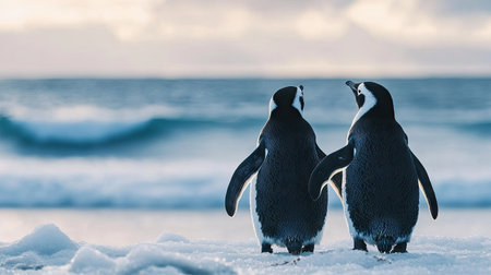 A pair of penguins standing side by side on an icy shore, looking out toward the ocean. -の素材