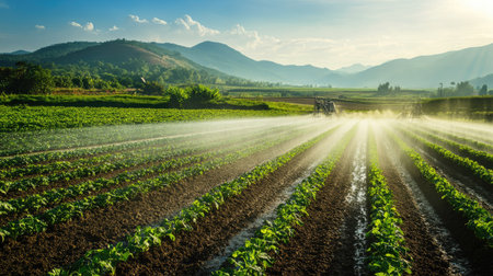 A modern irrigation system spraying water evenly across a field of crops, promoting efficient farming.の素材