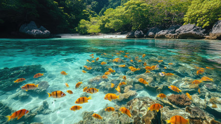 A remote lagoon with colorful fish swimming in shallow, transparent waters near coral.の素材