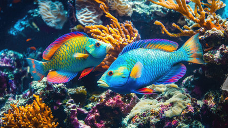 A pair of vibrant parrotfish nibbling on coral, showcasing their bright colors and the intricate details of the reef.の素材