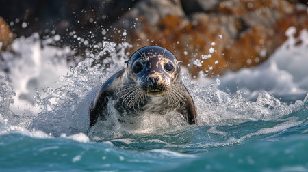 A playful seal pup diving into the ocean waves near a rocky outcrop.の素材