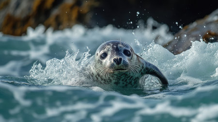 A playful seal pup diving into the ocean waves near a rocky outcrop.の素材