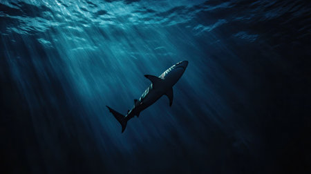 A shark swimming in the distance, its outline visible in the dark blue ocean waters.の素材