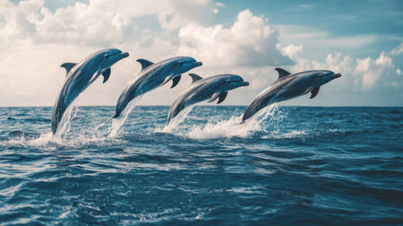A playful group of dolphins leaping out of the water, their sleek bodies and joyful behavior captured against a backdrop of the open sea.の素材