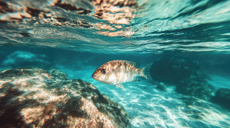 A serene underwater shot of a single, elegantly colored sea fish moving through clear, tranquil watersの素材