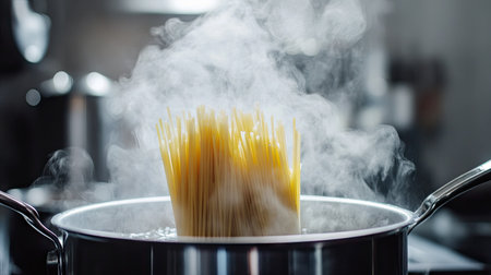 A pot of boiling water with pasta being stirred, steam rising in the kitchen.の素材