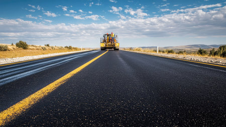A road crew painting fresh lines on a newly repaired stretch of highway.の素材