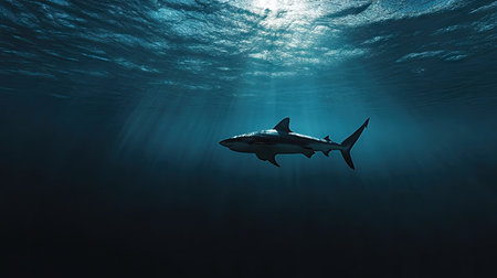 A shark swimming in the distance, its outline visible in the dark blue ocean waters.の素材