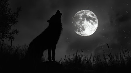 A solitary wolf howling at the full moon, its silhouette outlined against the night sky and the quiet wilderness.の素材