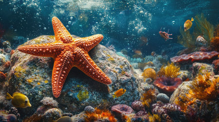 A starfish resting on a rock, surrounded by other marine life on the ocean floor.の素材