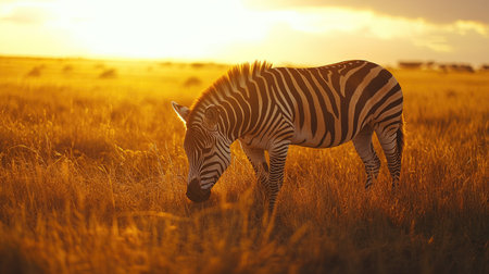 A striking zebra grazing in the golden light of the savanna, its bold stripes and graceful movements captured against the expansive landscape.の素材