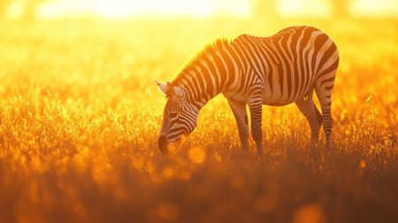 A striking zebra grazing in the golden light of the savanna, its bold stripes and graceful movements captured against the expansive landscape.の素材