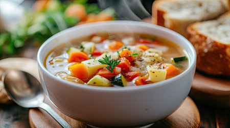A steaming bowl of homemade soup with fresh vegetables, bread on the side.の素材