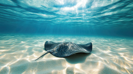A stingray gracefully gliding across the sandy ocean floor in shallow tropical waters.の素材