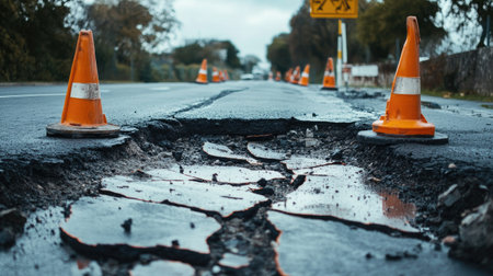 A temporary patch applied to a broken road, with reflective barriers and repair signs.の素材