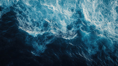 Aerial view of large ocean swells forming patterns as they approach the shore.の素材