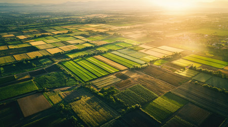 Aerial view of a vast agricultural landscape with fields of crops in various stages of growth.の素材