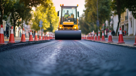 An asphalt roller smoothing the surface of a repaired road section, surrounded by cones.の素材