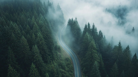 Aerial view of a winding mountain road surrounded by dense evergreen forests and mist.の素材