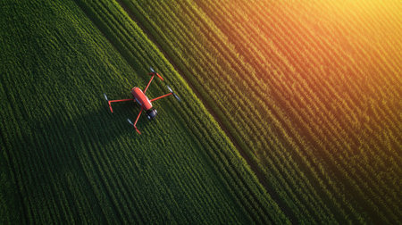 Aerial view of a modern farm using precision agriculture technology, including drones and GPS-guided machinery.の素材